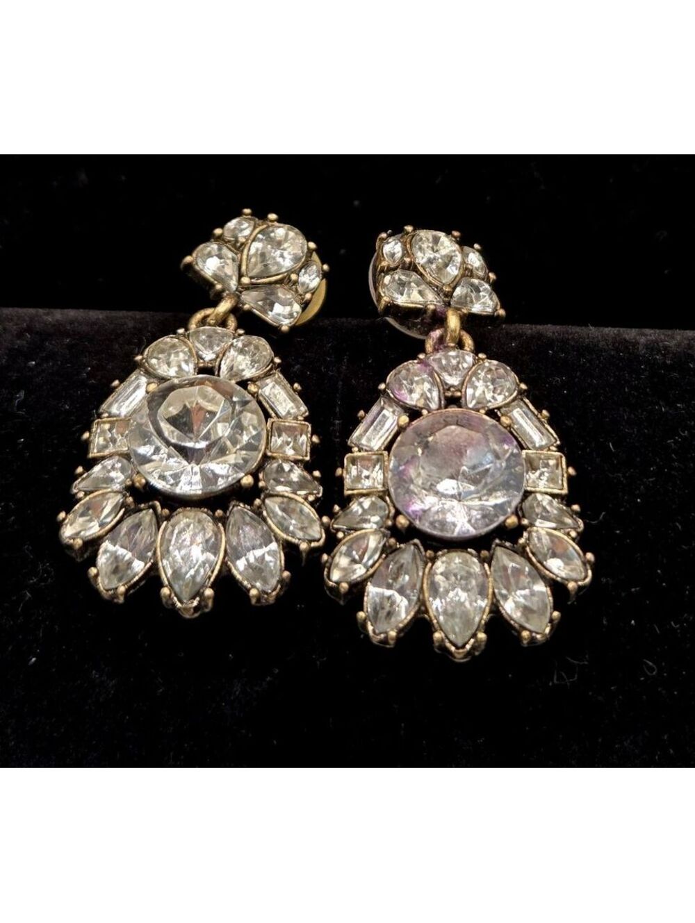 Vintage Clear Rhinestone Cluster Teardrop Drop Dangle Post Earrings Pierced Brid